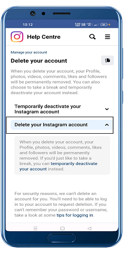 delete instagram account